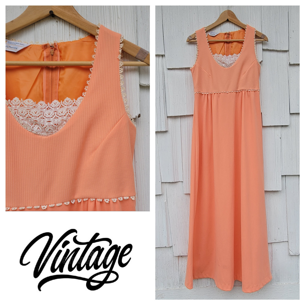 Vintage 70s JC Penney Fashions‎ Peach Sleeveless Maxi Dress 12